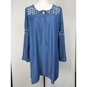 Want & Need Tencel Denim Crochet Lace Trim Bell Sleeve Tunic Mini Dress Womens L